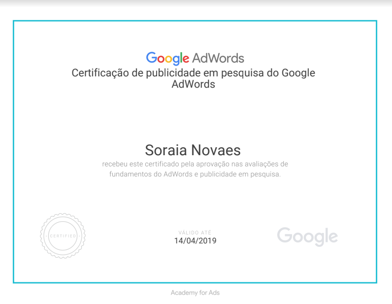 Certificado de Publicidade em Pesquisa do Google Adwords
